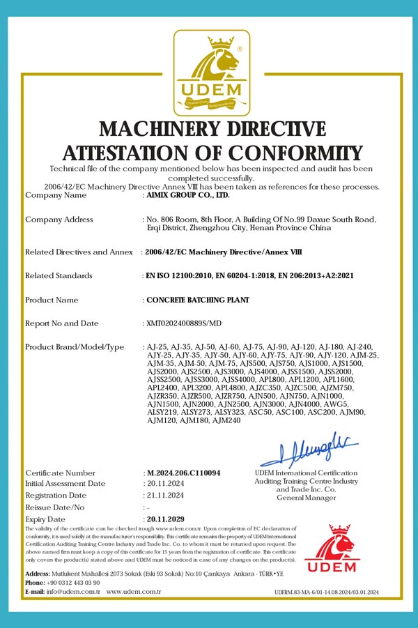 Certificación CE de Seguridad para Planta de Concreto AIMIX