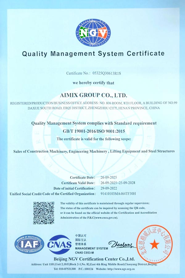 Certificado de Calidad ISO 9001 de AIMIX GROUP Maquinaria Industrial