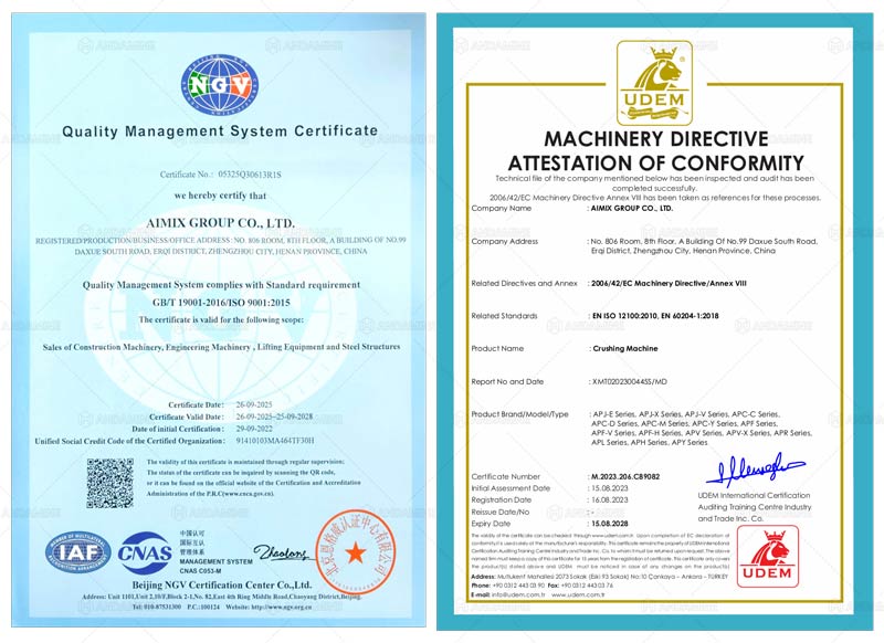 Certificados de ISO y CE de Andamine Trituradoras