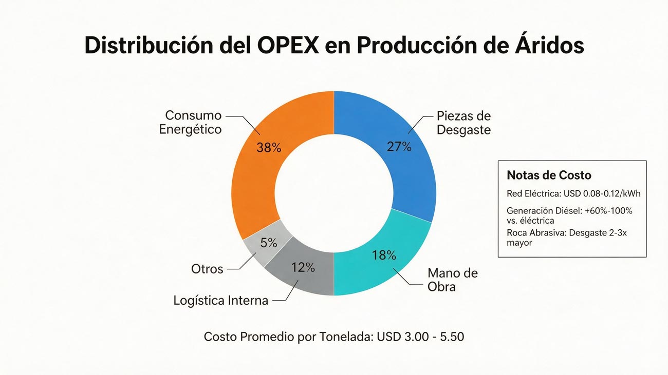 Gráfico circular que representa la distribución del costo operativo (OPEX) en la producción de áridos en Latinoamérica, destacando el consumo energético (38%) y piezas de desgaste (27%) como los principales factores.
