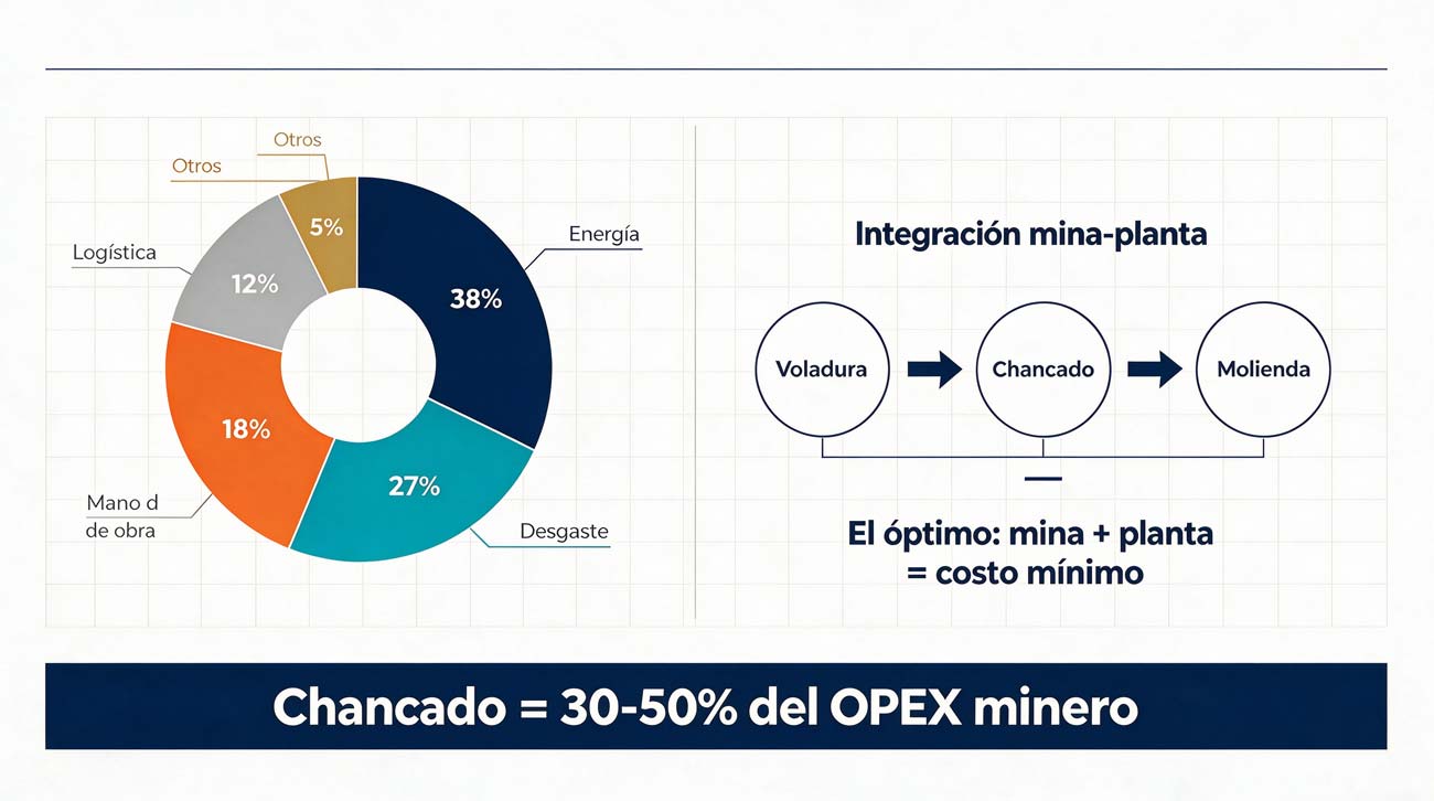 Gráfico de costos operativos en minería que muestra la distribución del OPEX en chancado y el concepto de integración mina-planta para optimizar la fragmentación.