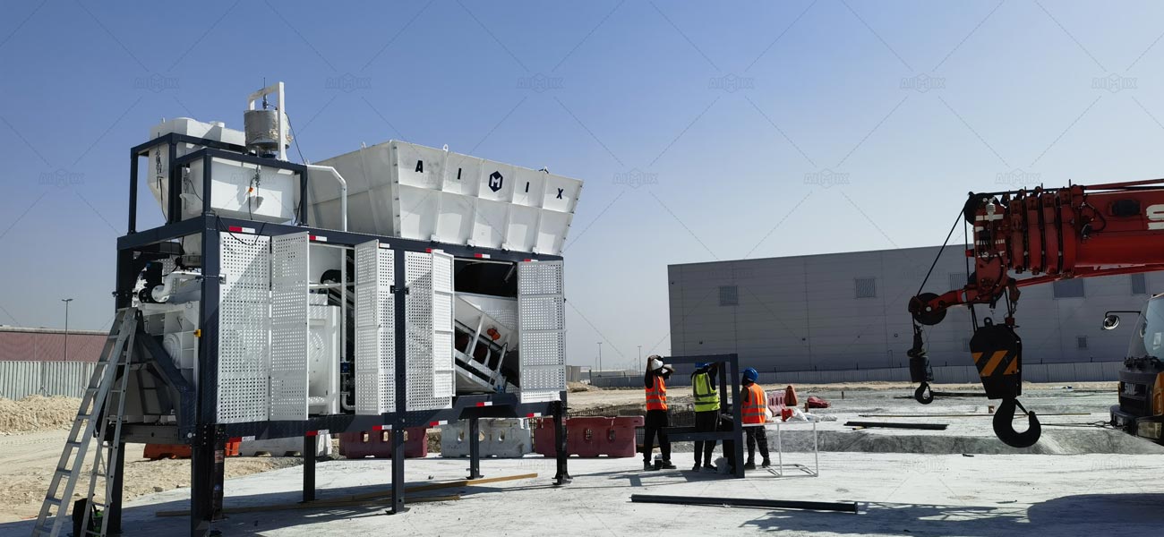 Montaje rápido de planta de concreto móvil AIMIX en proyecto de infraestructura, instalación en horas sin obra civil