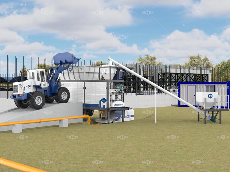 La representación 3D de la Planta Móvil de Concreto Compacta AIMIX en funcionamiento muestra claramente la situación general del equipo.