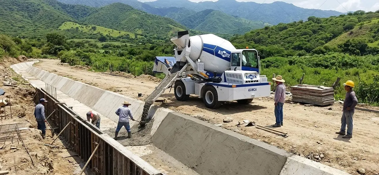 AIMIX hormigonera autocargante AS-MK24 en construcción de canales de riego en zona rural de Latinoamérica