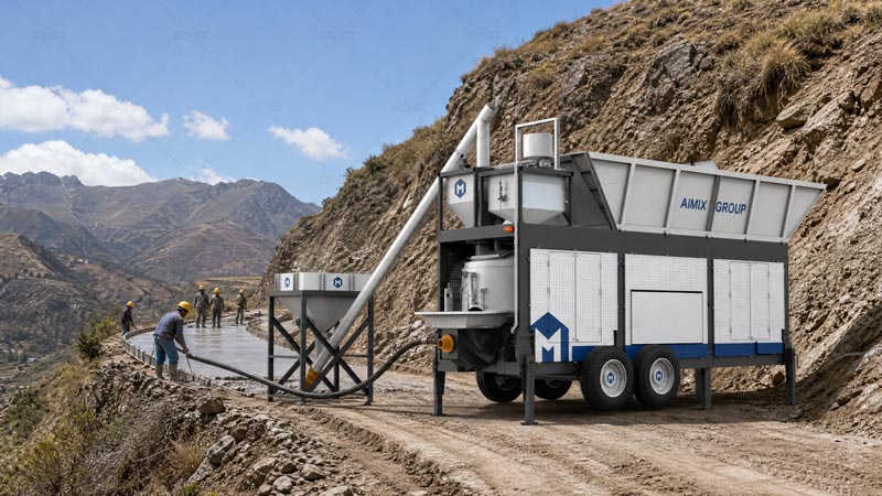 Planta móvil de concreto con bomba AIMIX en proyecto de caminos rurales y obras de infraestructura en zonas montañosas de Latinoamérica.