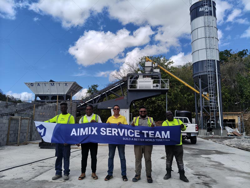 Planta de hormigón pequeña móvil AJY60 de AIMIX en Antigua y Barbuda, equipo de 60 m³/h para contratista que reemplazó marcas tradicionales por AIMIX.