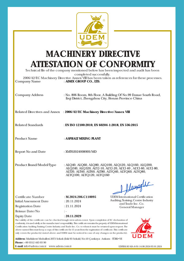 Certificación CE de Macroad para Equipos de Plantas de Asfalto
