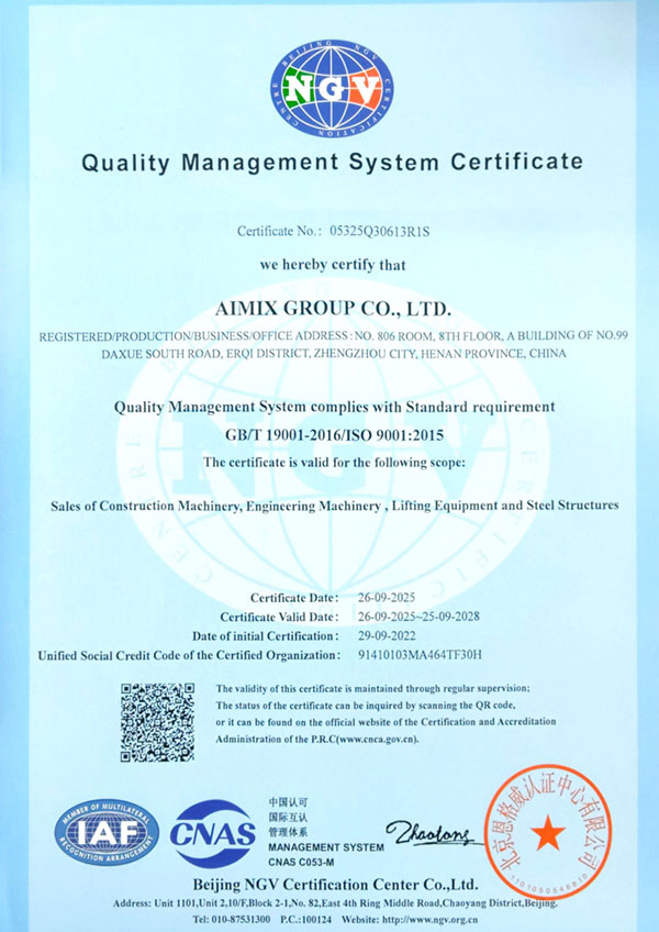 Certificación ISO de AIMIX GROUP para Maquinaria y Equipos