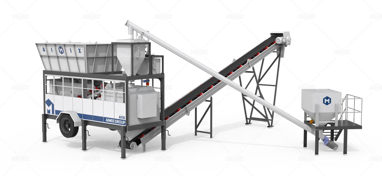 Mini planta de concreto móvil compacta AJSY40 de AIMIX, ultraligera y fácil de remolcar, se instala en horas para proyectos de pequeña escala y terrenos difíciles.