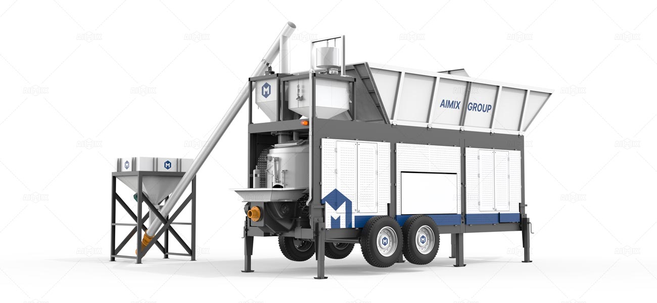 Planta de concreto pequeña con bomba integrada AJP40 de AIMIX, dosifica, mezcla y bombea en un solo equipo para proyectos urbanos con espacio limitado.