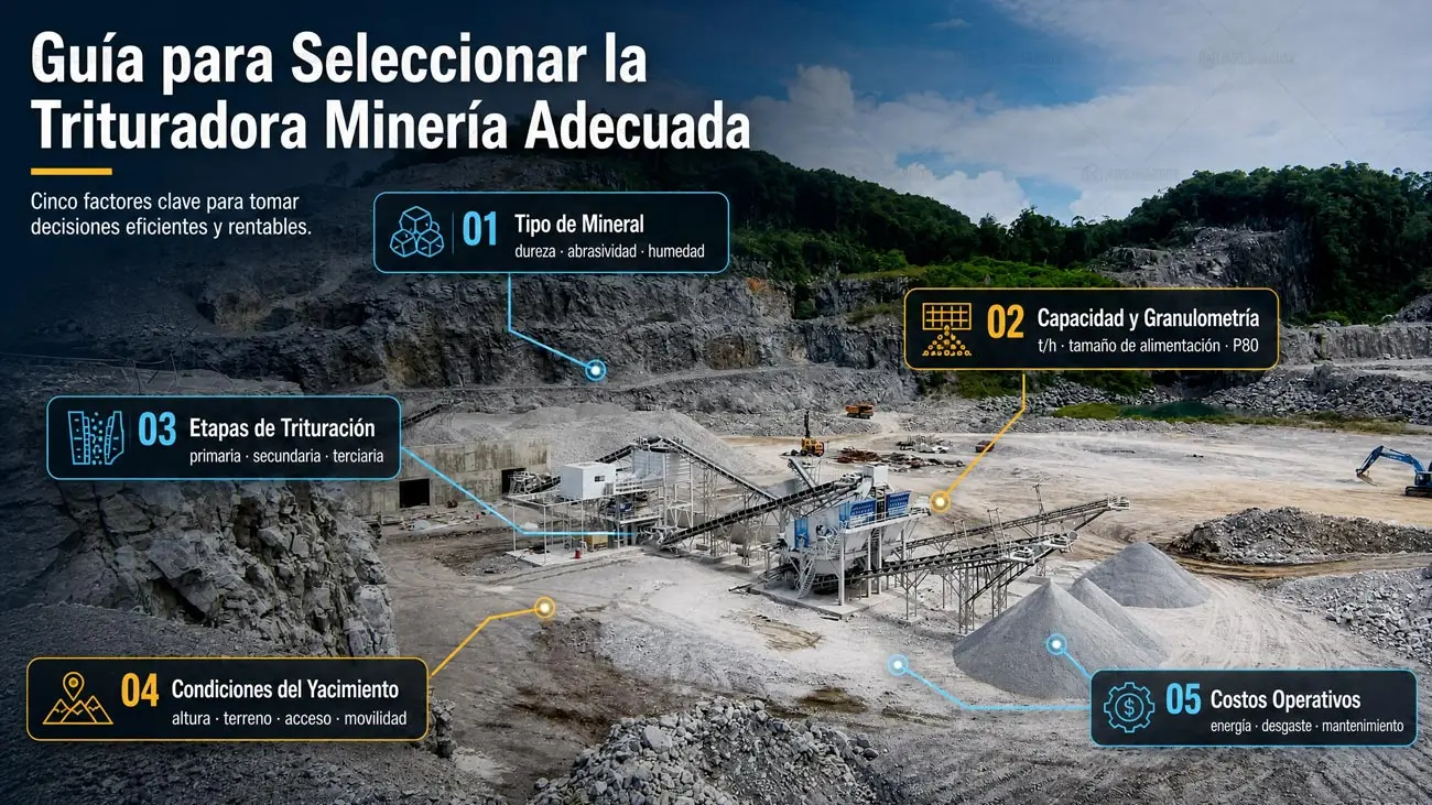 Diagrama de flujo técnico para la selección de la trituradora minera según tipo de mineral, P80 y condiciones del yacimiento