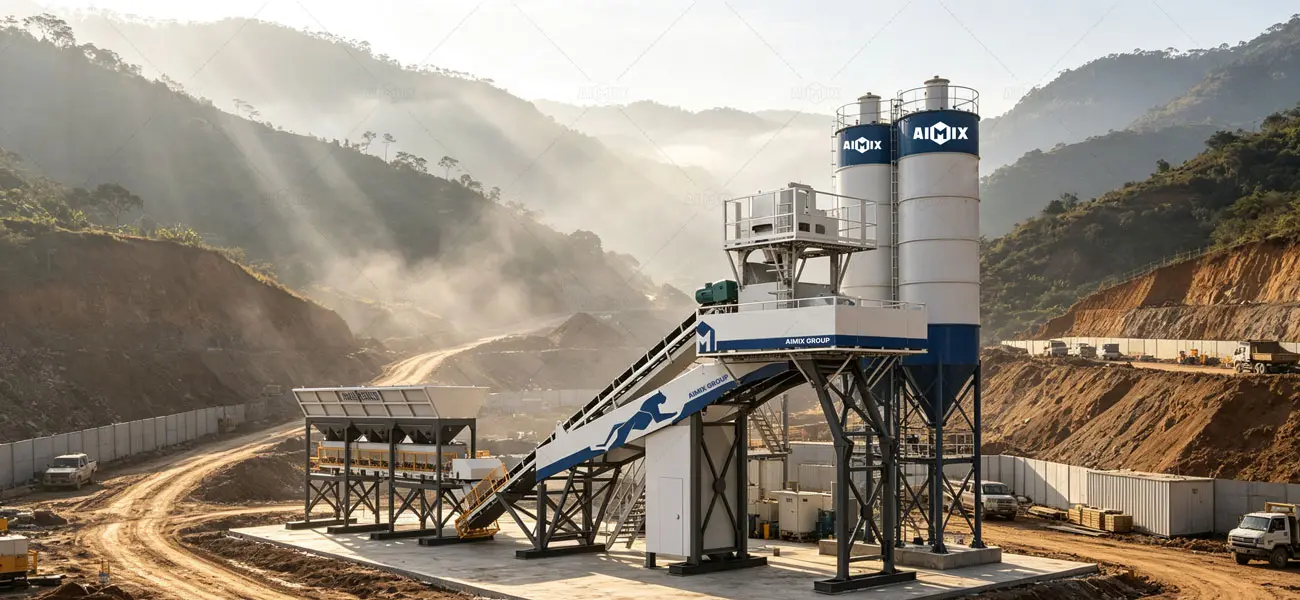 Planta de concreto portable AJQ70 de AIMIX operando en valles y zonas remotas